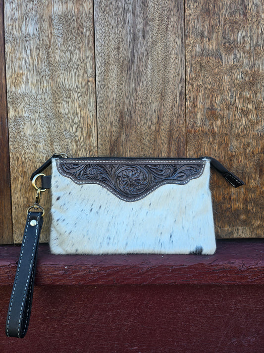 Large tooled hide clutch -Black #06