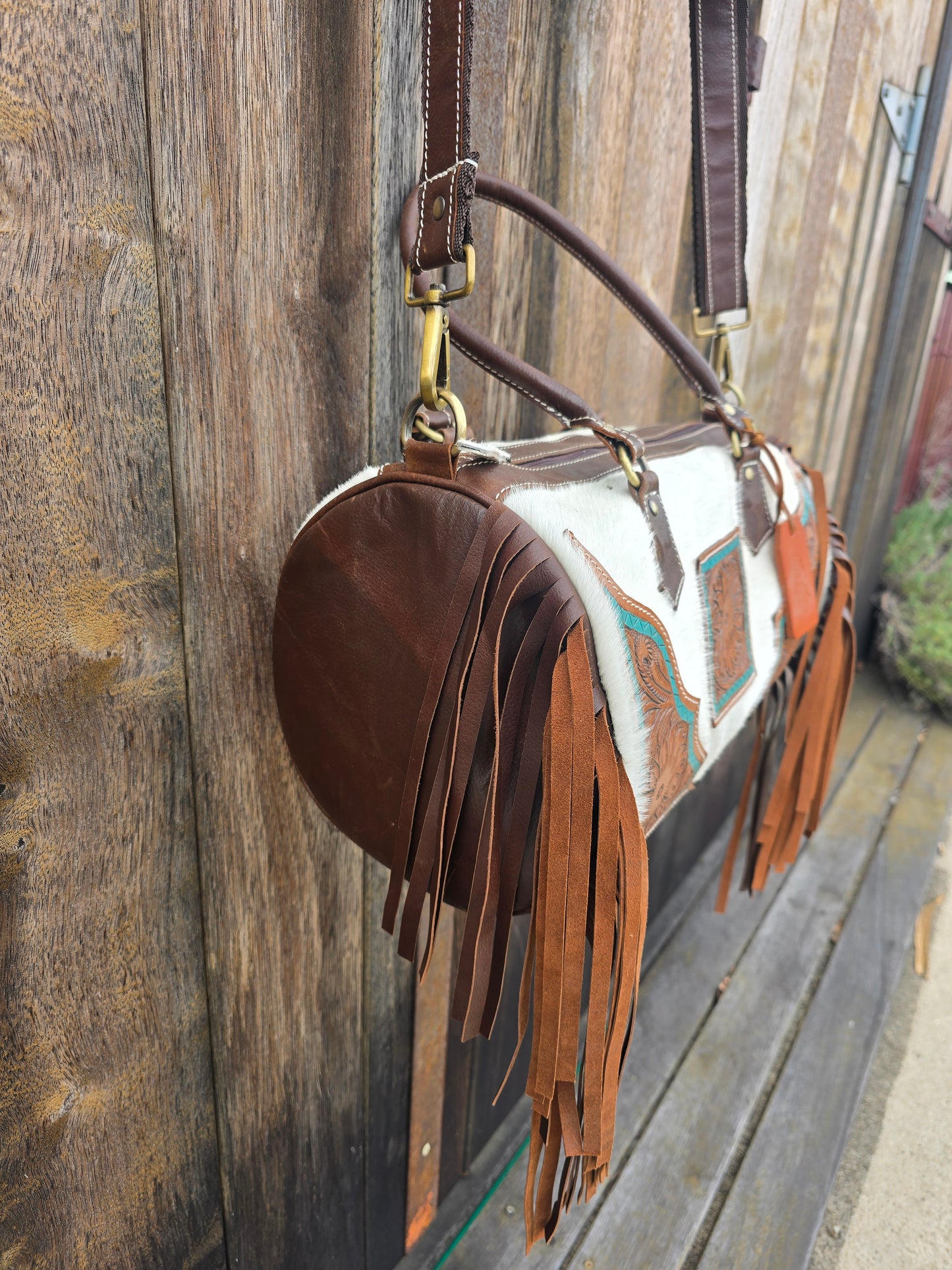 Small Tassled Hand Painted Teal Duffle Bag