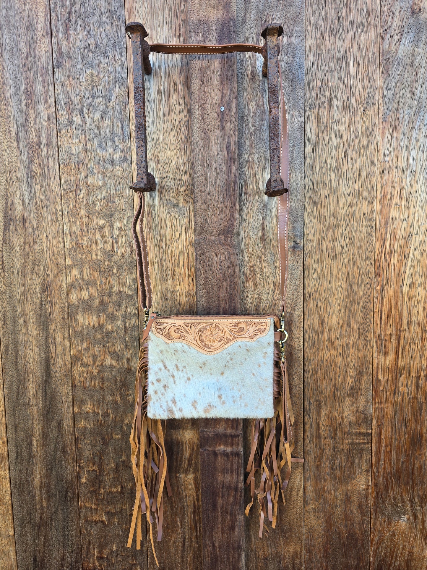 Tooled clutch bag with tassels - Tan #04