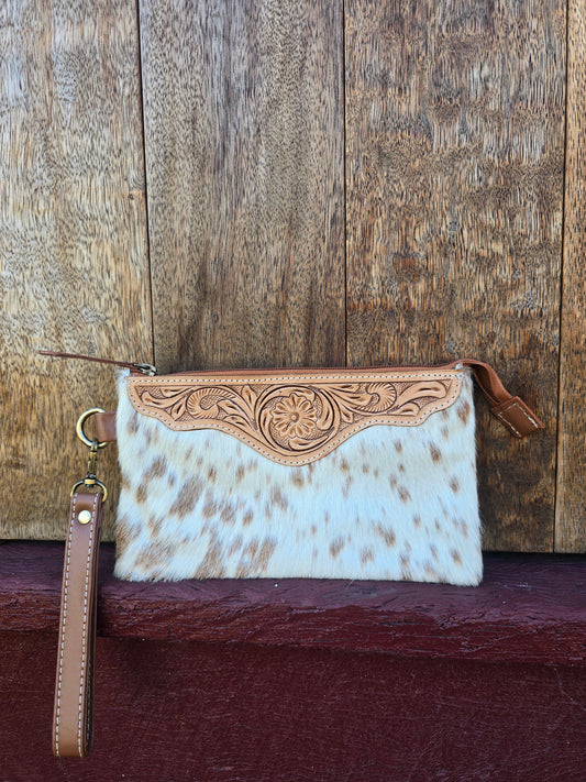 Large tooled hide clutch -Tan #06