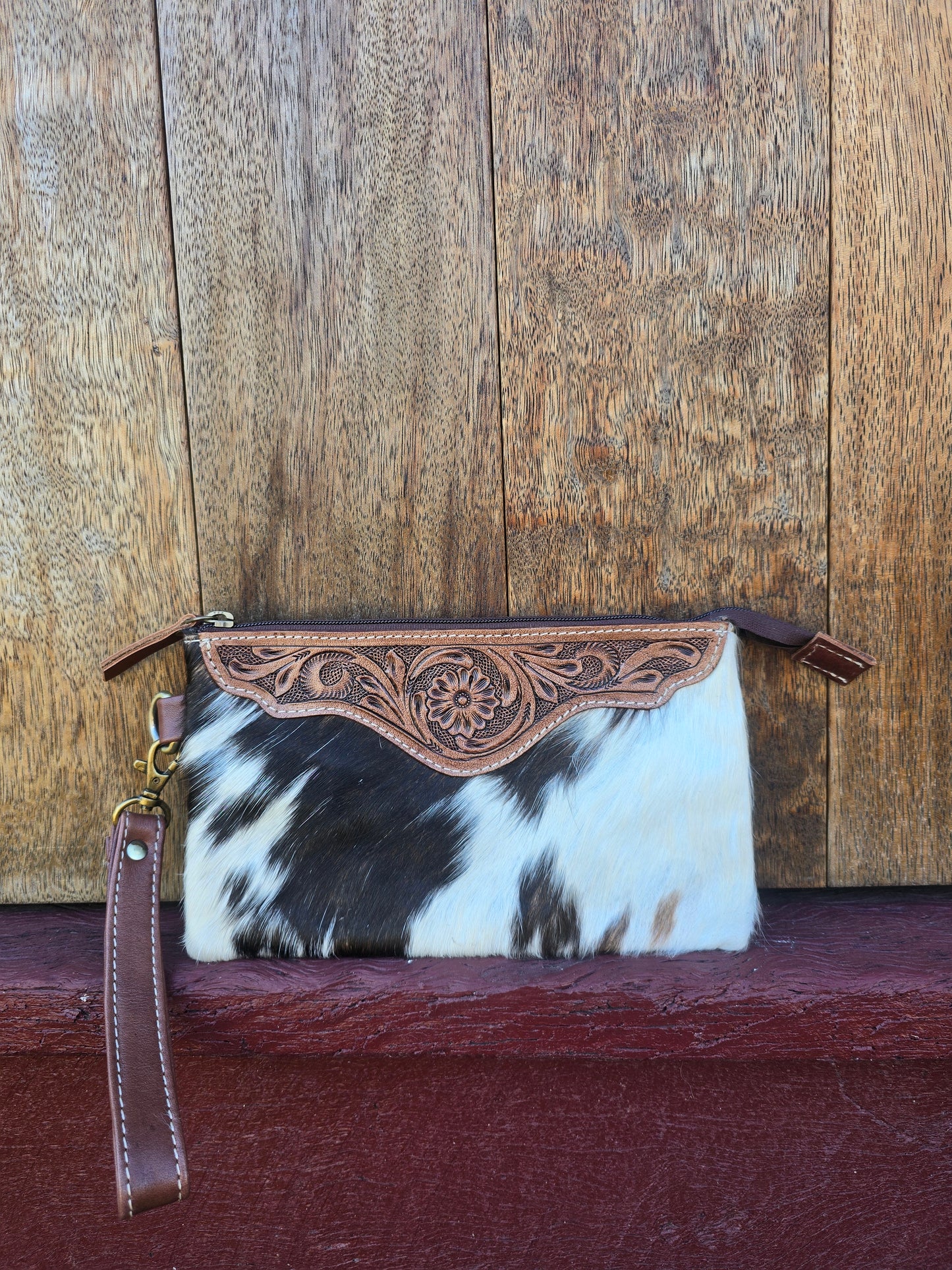 Large tooled hide clutch -Brown #04