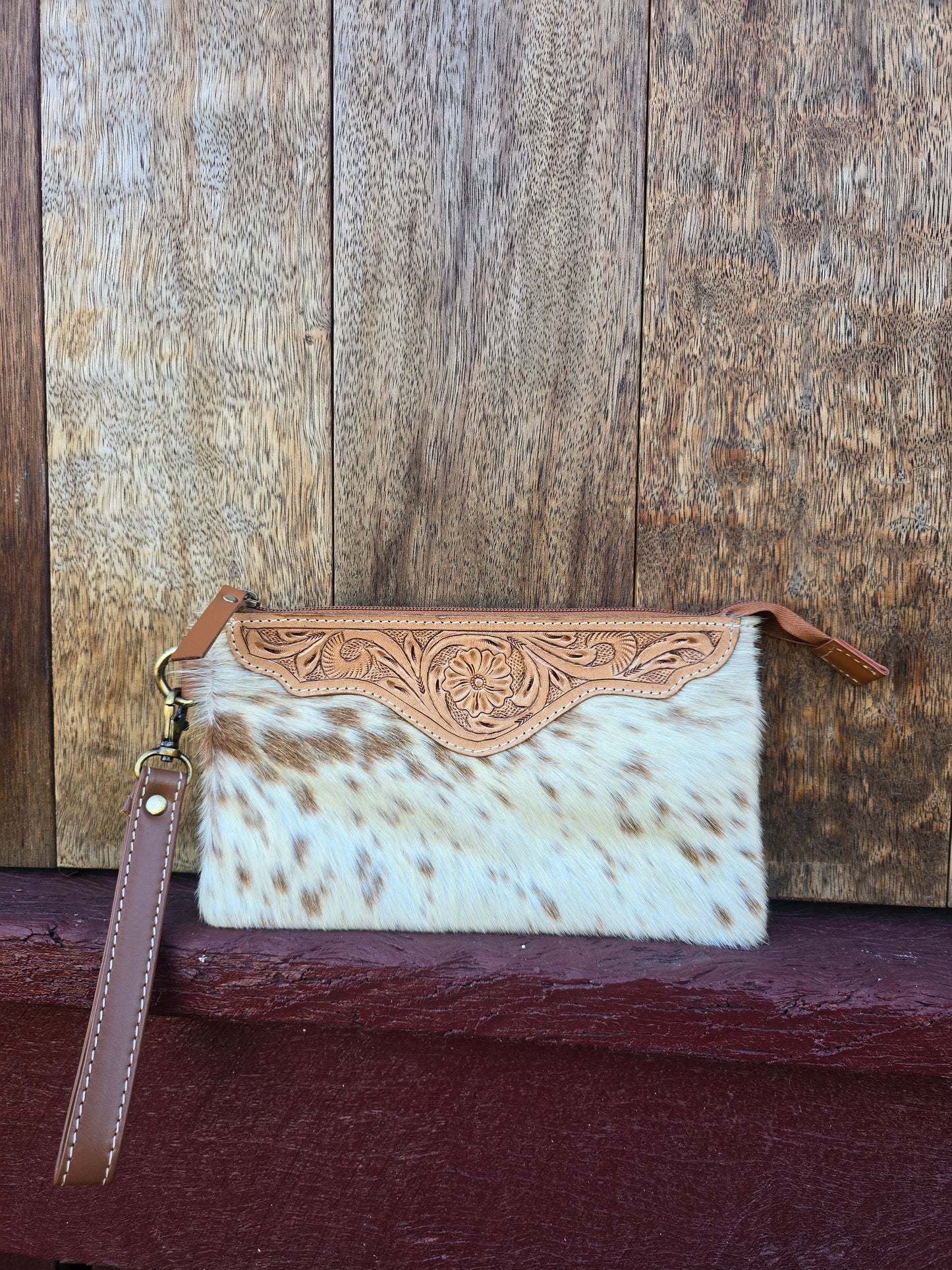 Large tooled hide clutch -Tan #01