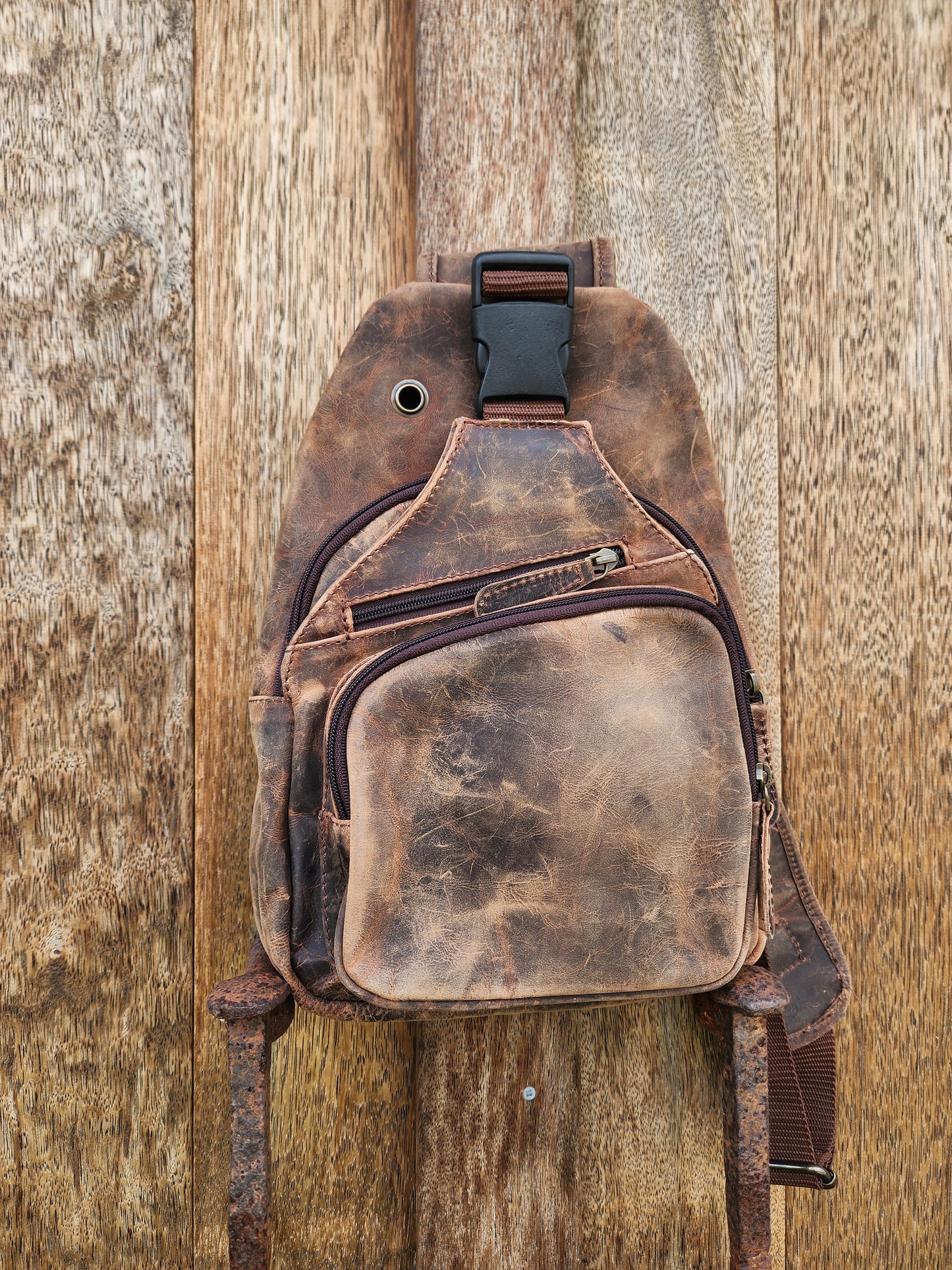 Antique leather Triangle chest sling bag