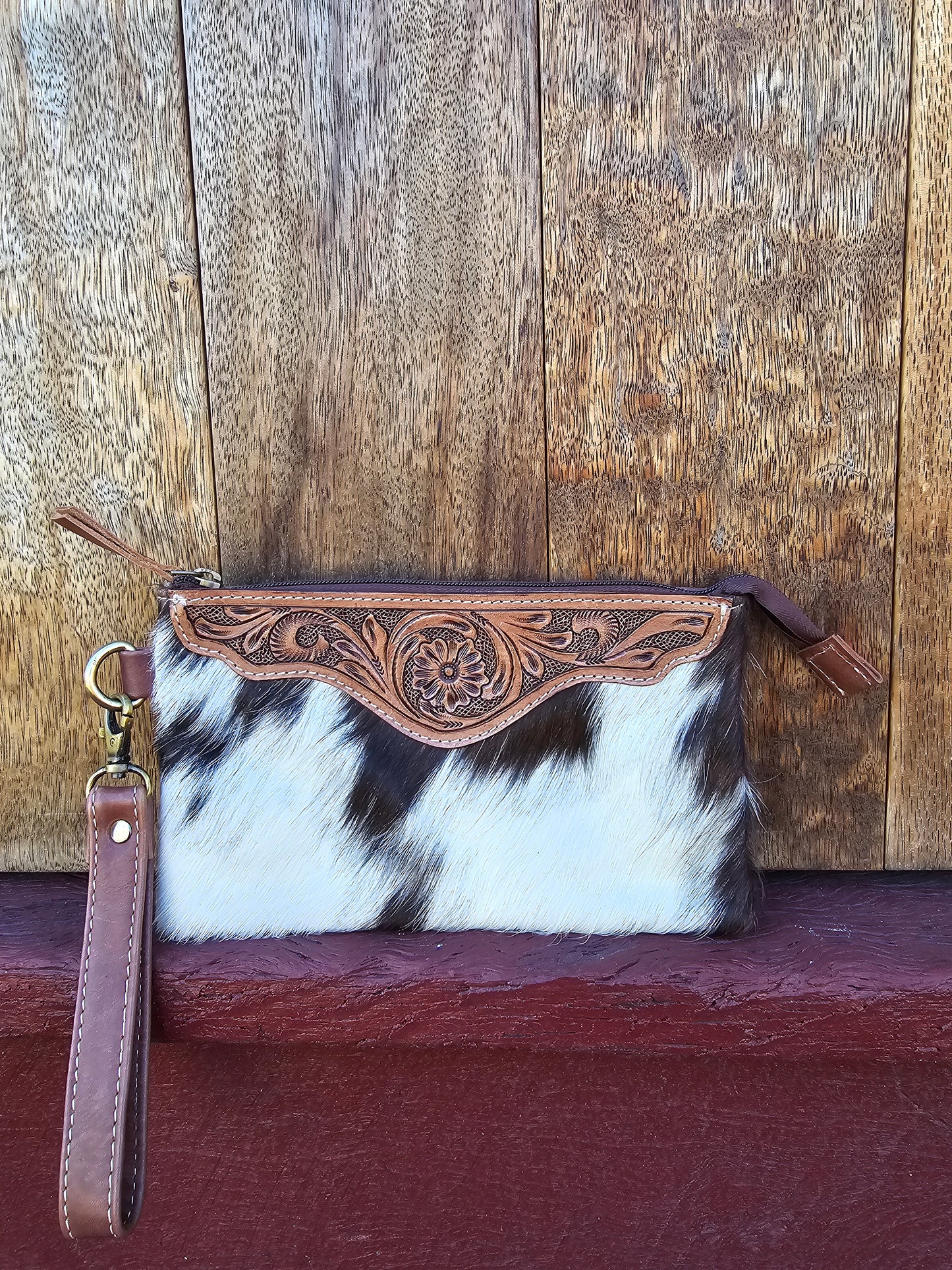 Large tooled hide clutch -Brown #03