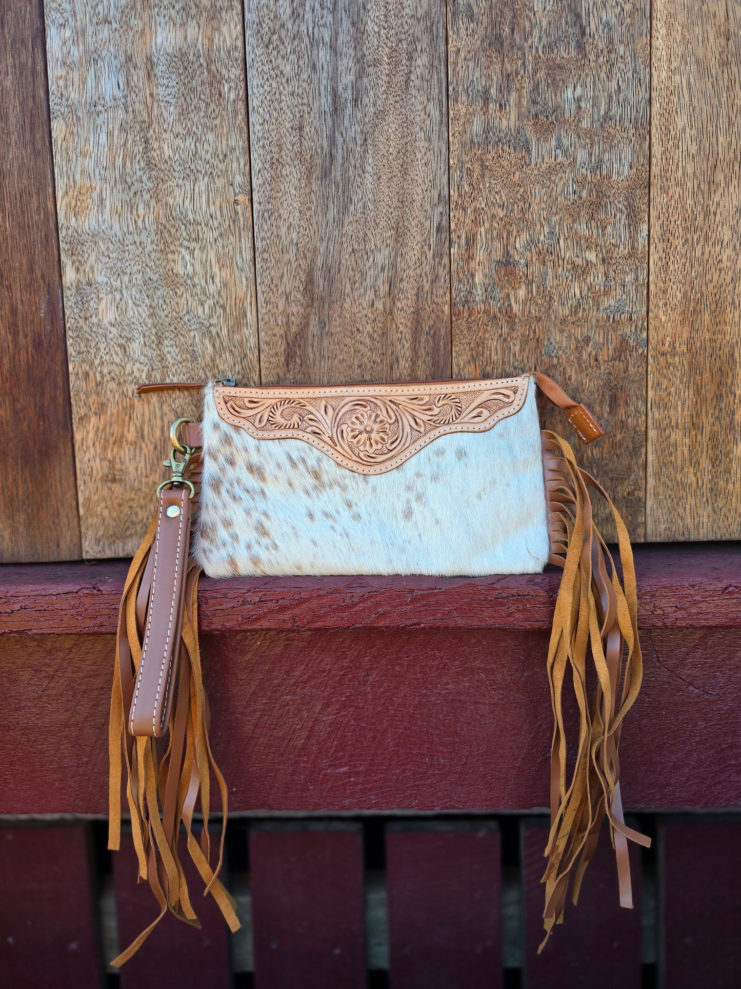 Large tooled hide clutch with tassels-Tan #05