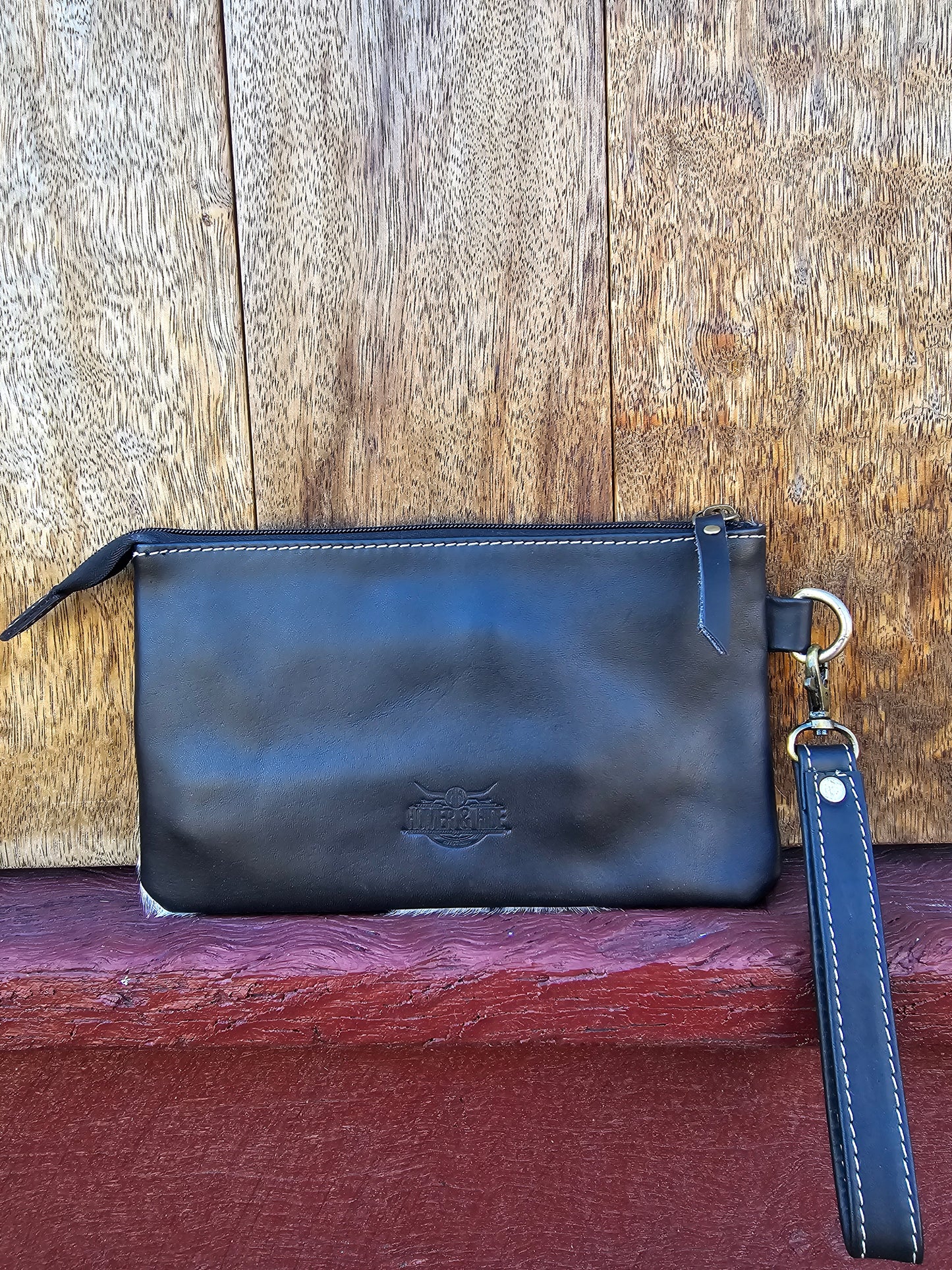 Large tooled hide clutch -Black #02