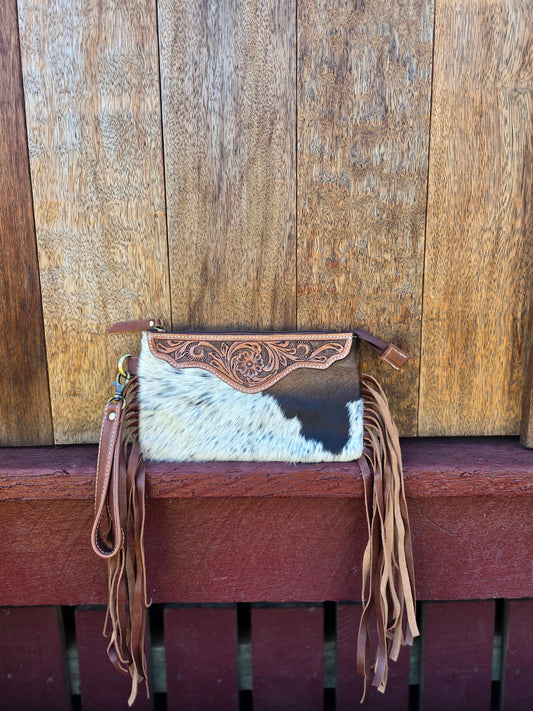 Large tooled hide clutch with tassels-Brown #01