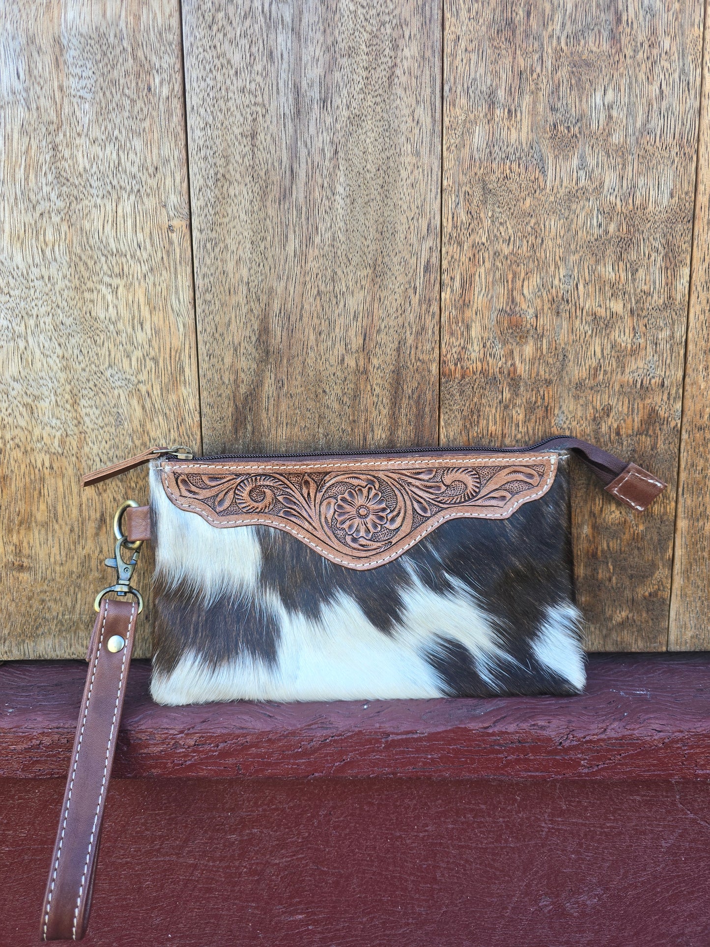 Large tooled hide clutch -Brown #02