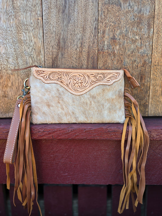 Large tooled hide clutch with tassels-Tan #09