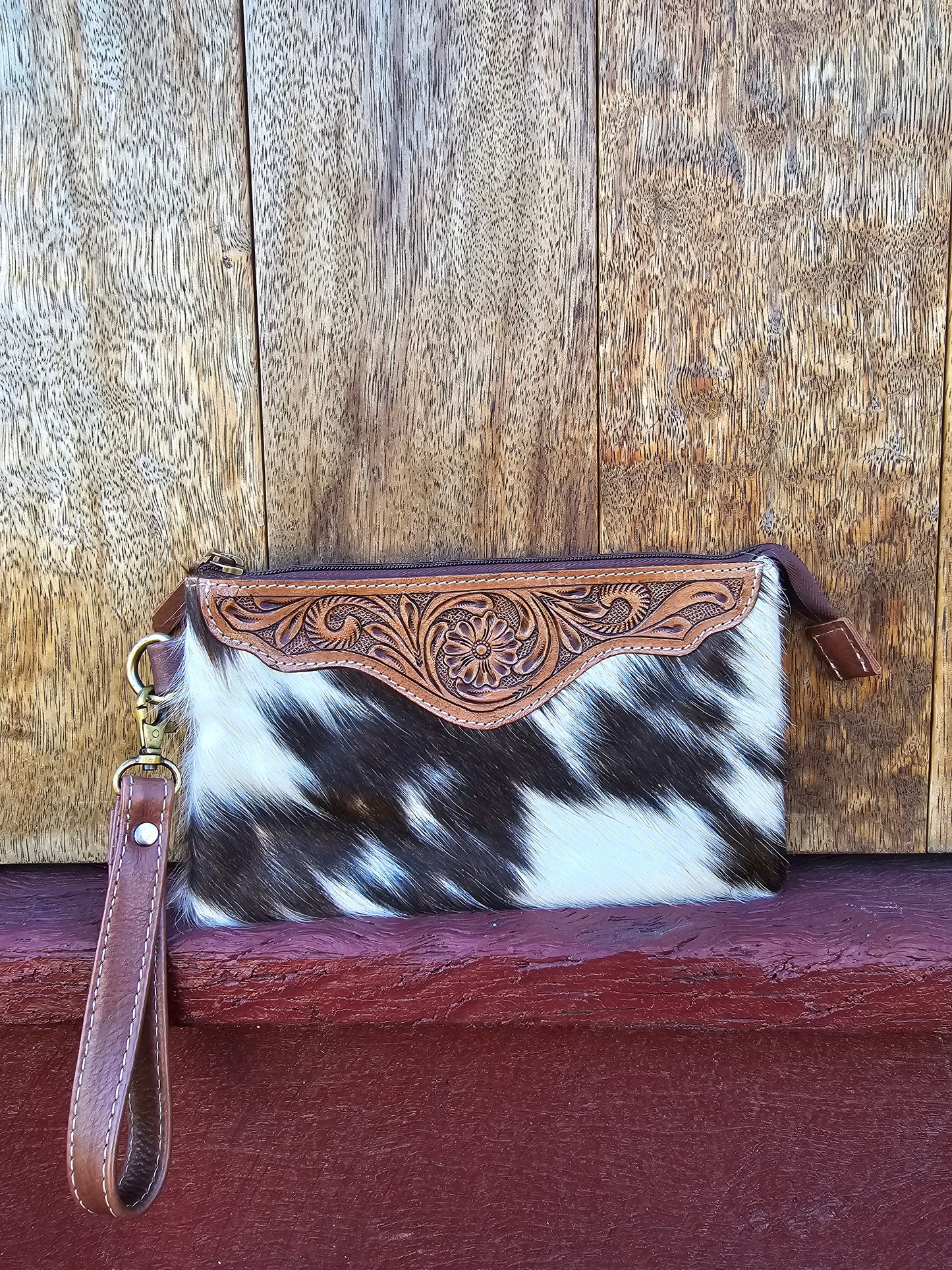 Large tooled hide clutch -Brown #08