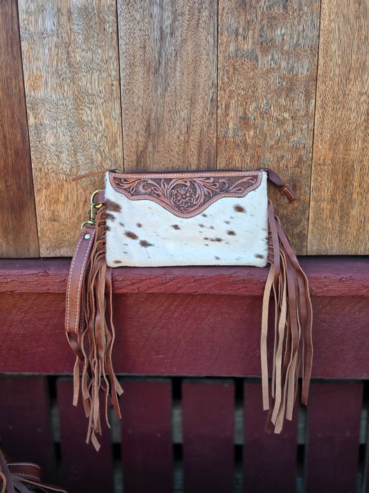 Large tooled hide clutch with tassels-Brown #08