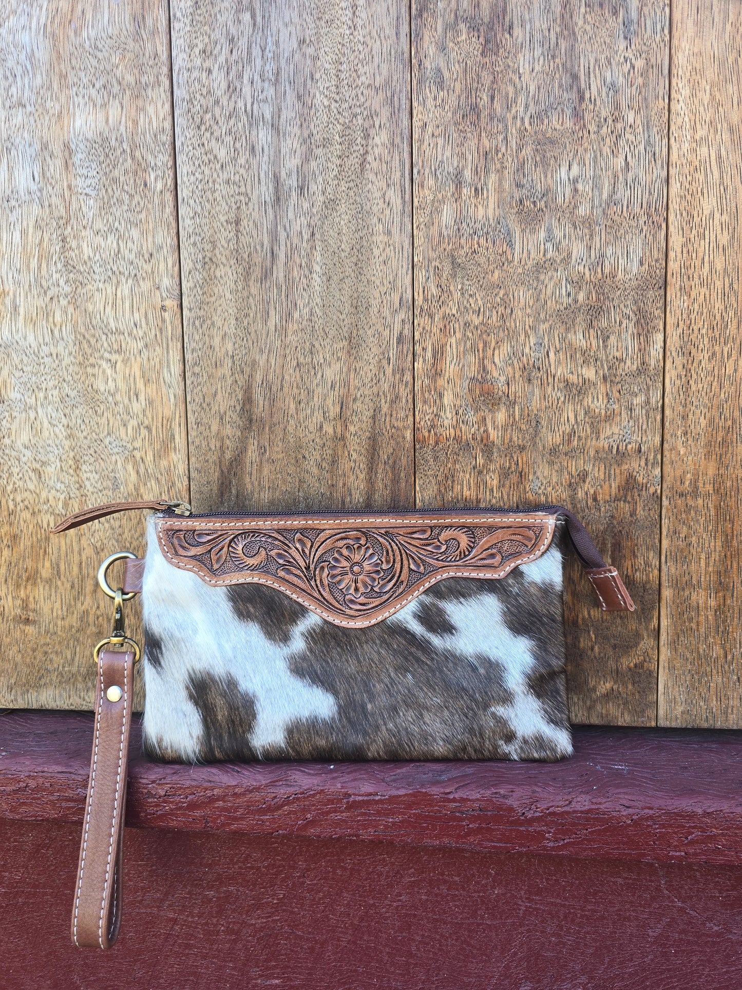 Large tooled hide clutch -Brown #01