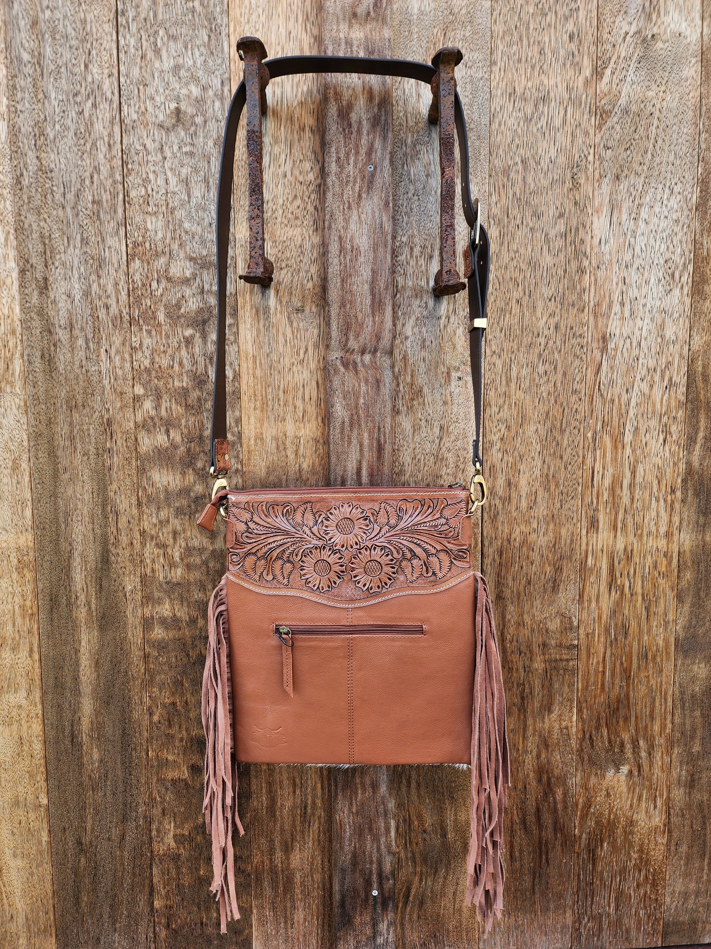 Sunflower Hand tooled leather cross body bag with tassels #04