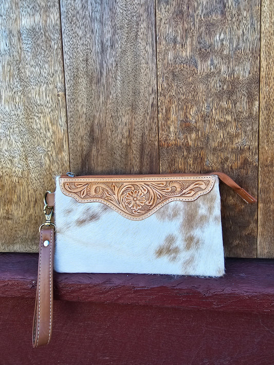 Large tooled hide clutch -Tan #07