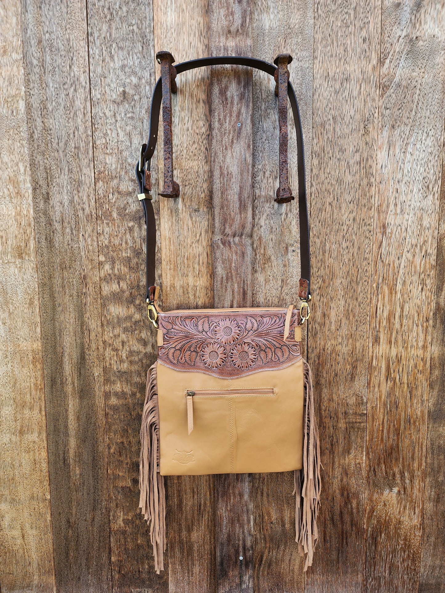 Sunflower Hand tooled leather cross body bag with tassels #01