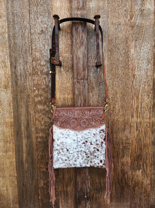 Sunflower Hand tooled leather cross body bag with tassels #04