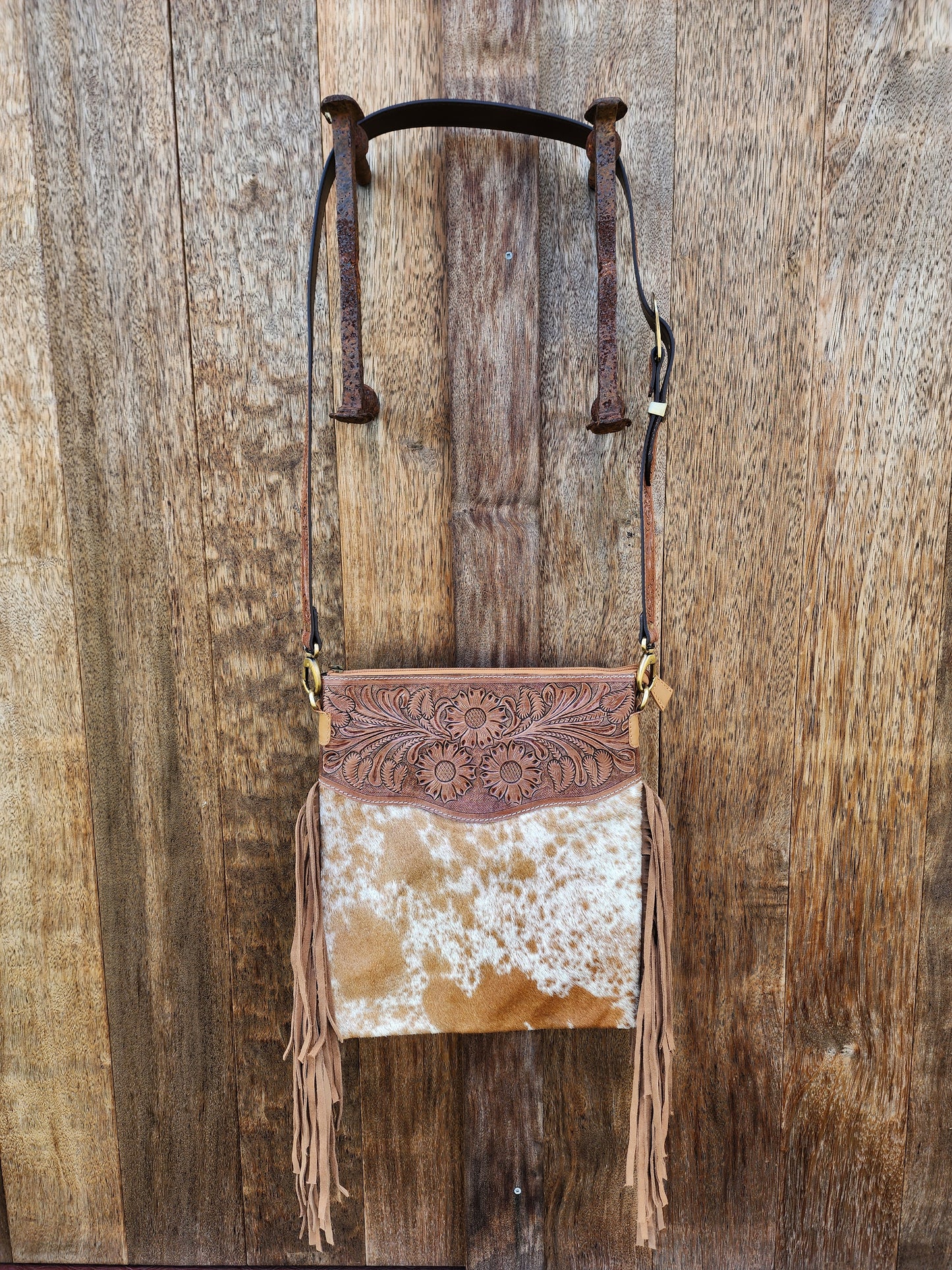 Sunflower Hand tooled leather cross body bag with tassels #01