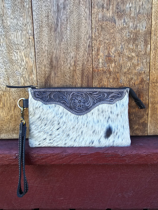 Large tooled hide clutch -Black #08