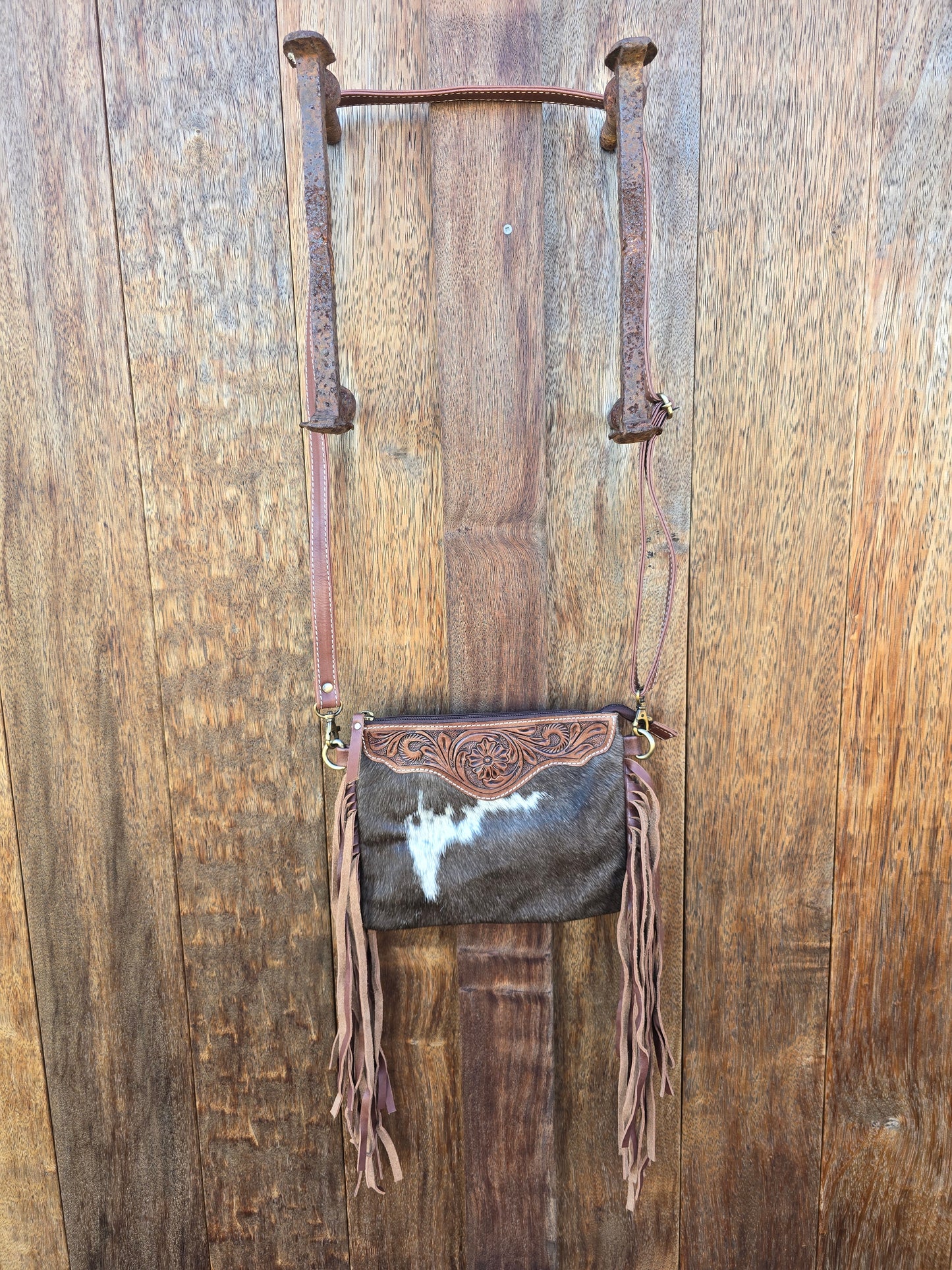 Tooled clutch bag with tassels - Brown #02