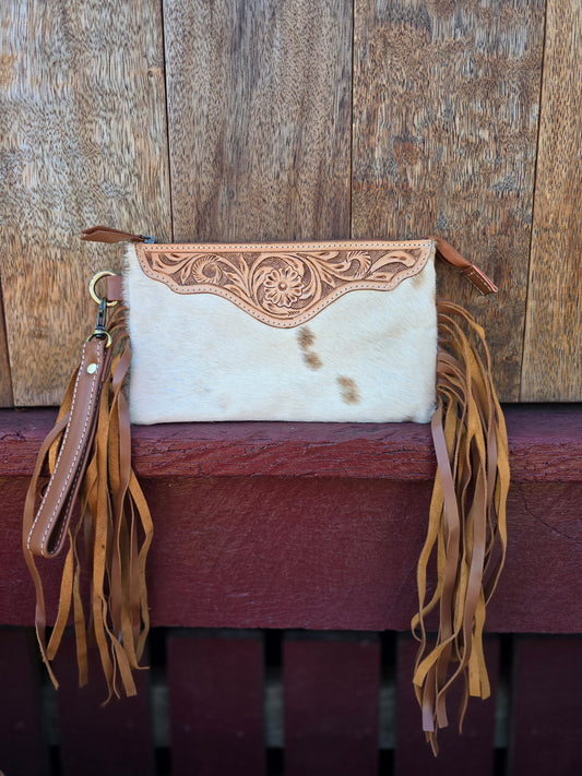 Large tooled hide clutch with tassels-Tan #01