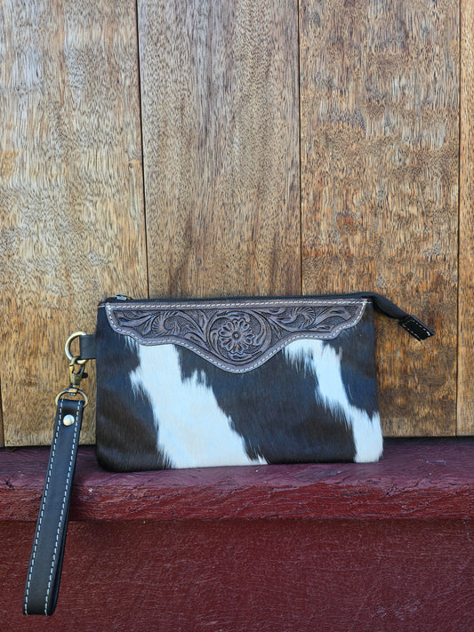 Large tooled hide clutch -Black #10