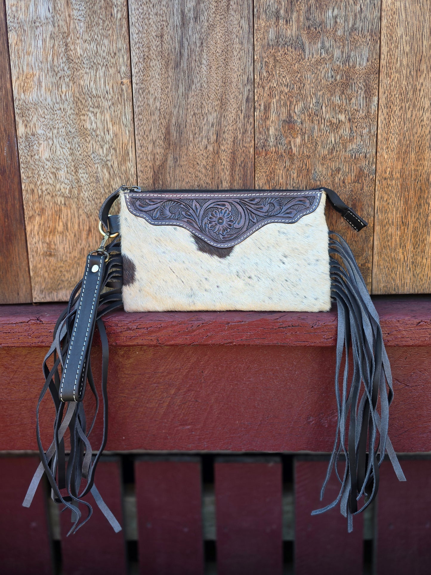 Large tooled hide clutch with tassels-Black #04