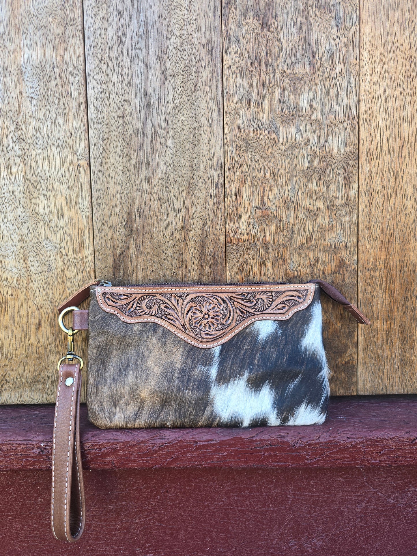 Large tooled hide clutch -Brown #05