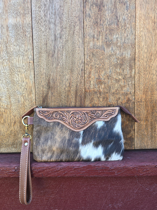 Large tooled hide clutch -Brown #05