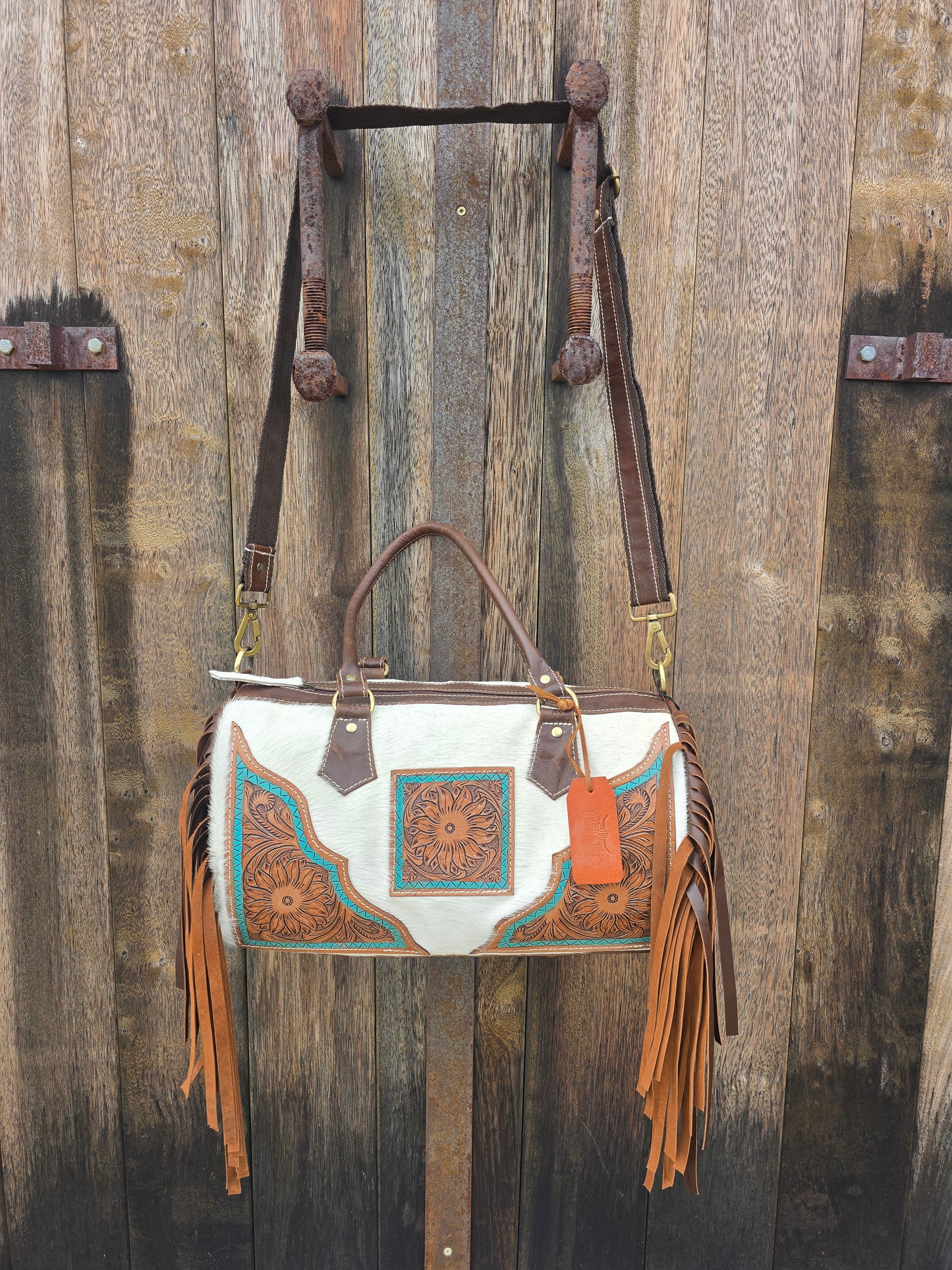 Small Tassled Hand Painted Teal Duffle Bag