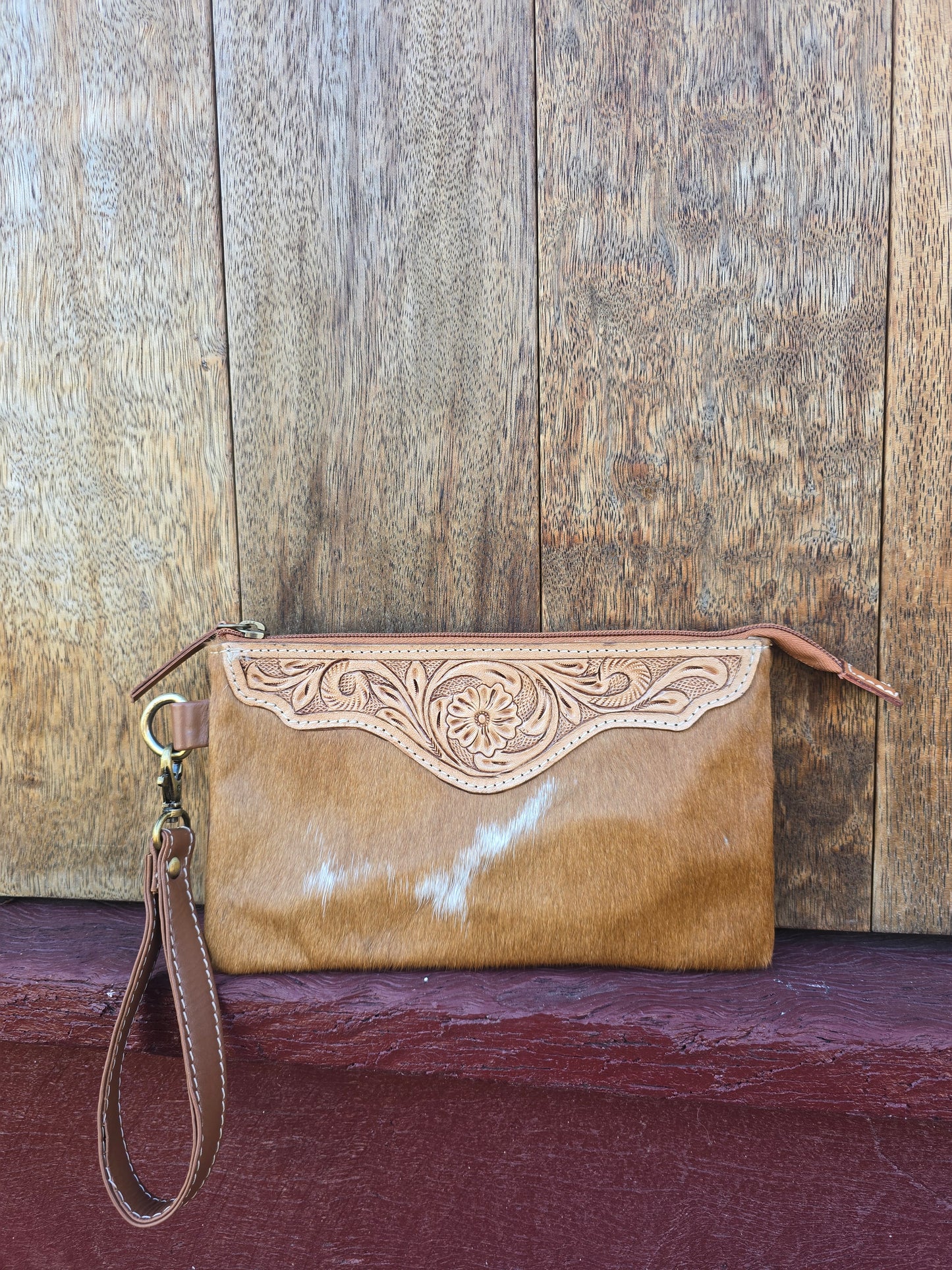 Large tooled hide clutch -Tan #03