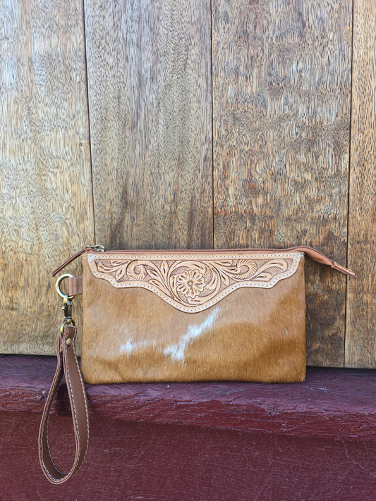 Large tooled hide clutch -Tan #03