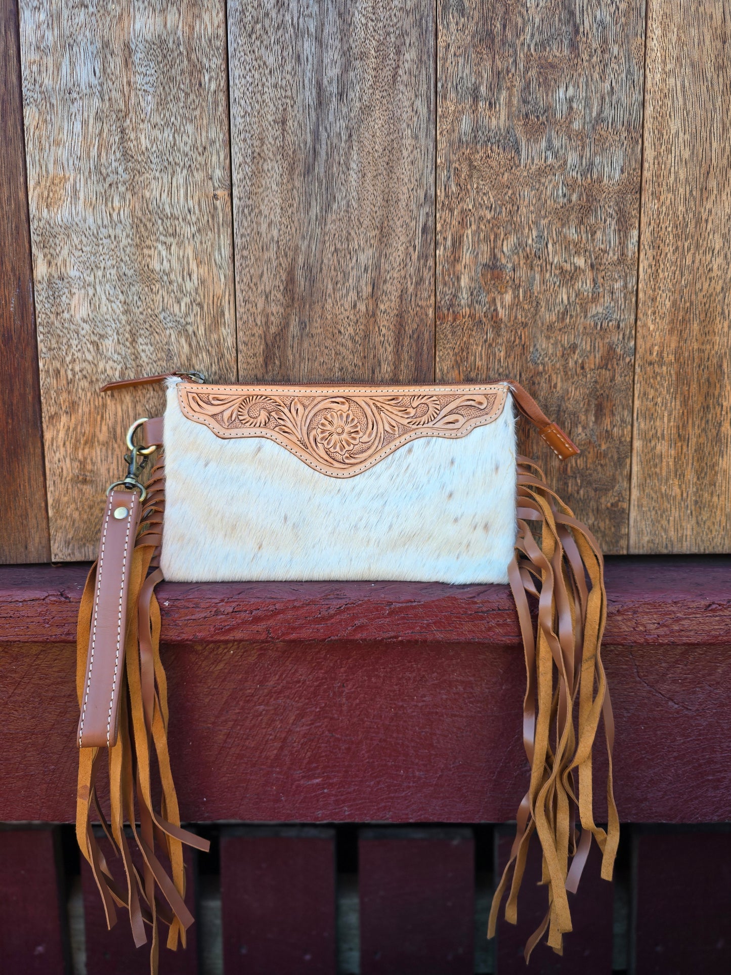 Large tooled hide clutch with tassels-Tan #07