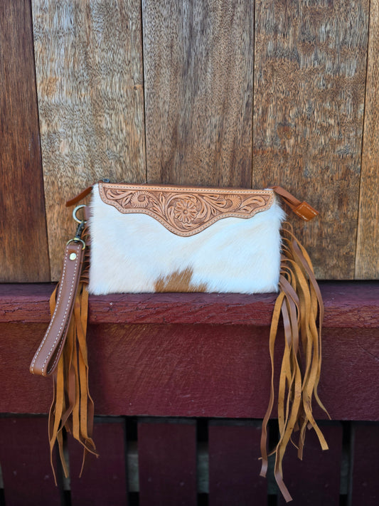 Large tooled hide clutch with tassels-Tan #06