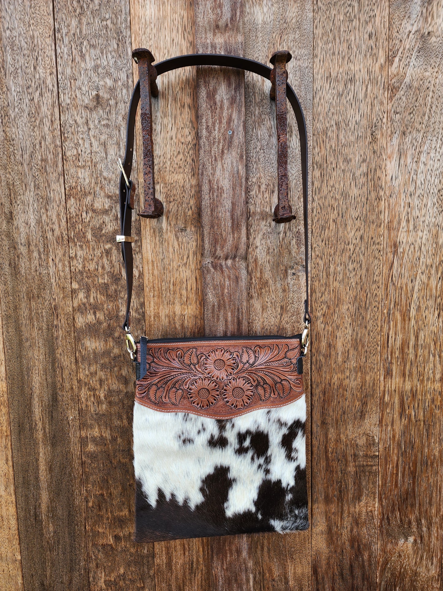 Sunflower Hand tooled leather cross body bag #01