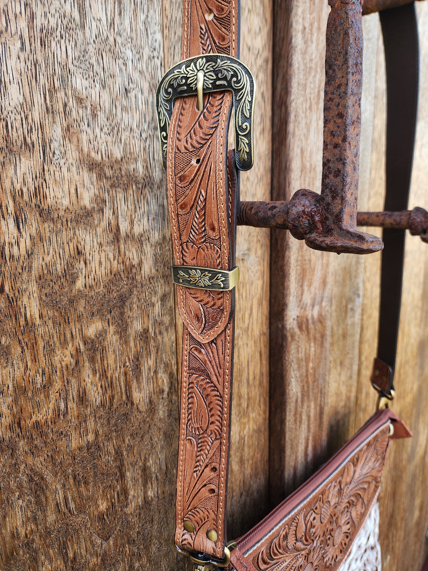 Sunflower Hand tooled leather cross body bag with tassels #01