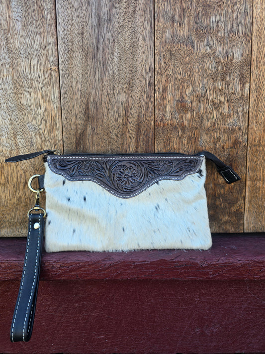 Large tooled hide clutch -Black #07