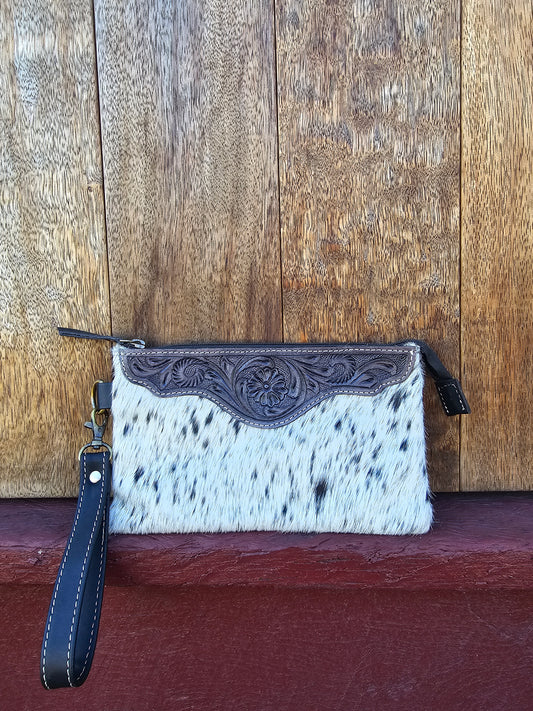 Large tooled hide clutch -Black #02