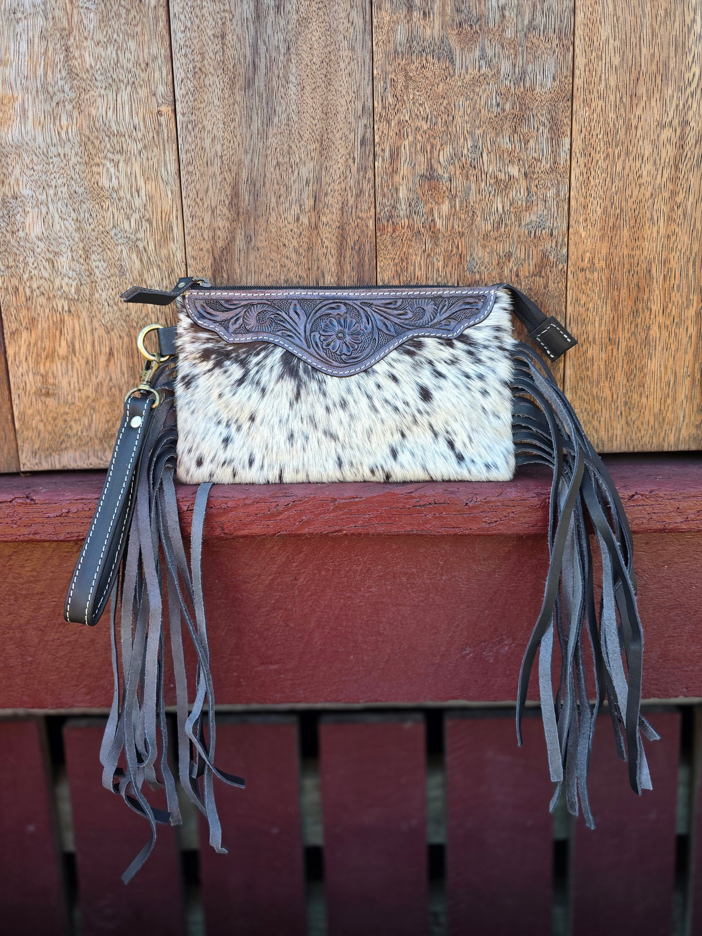 Large tooled hide clutch with tassels-Black #01