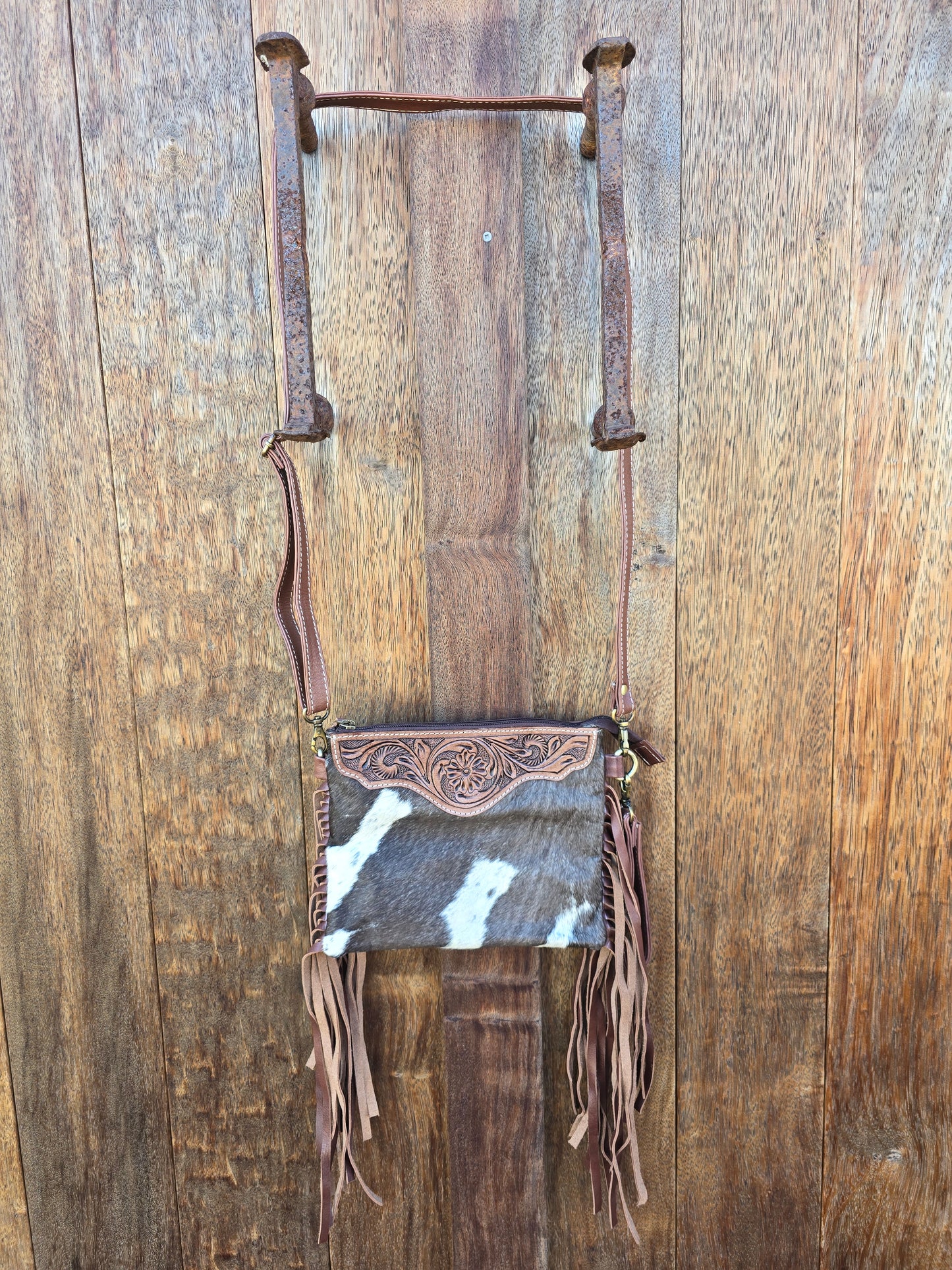 Tooled clutch bag with tassels - Brown #06