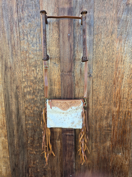 Tooled clutch bag with tassels - Tan #01