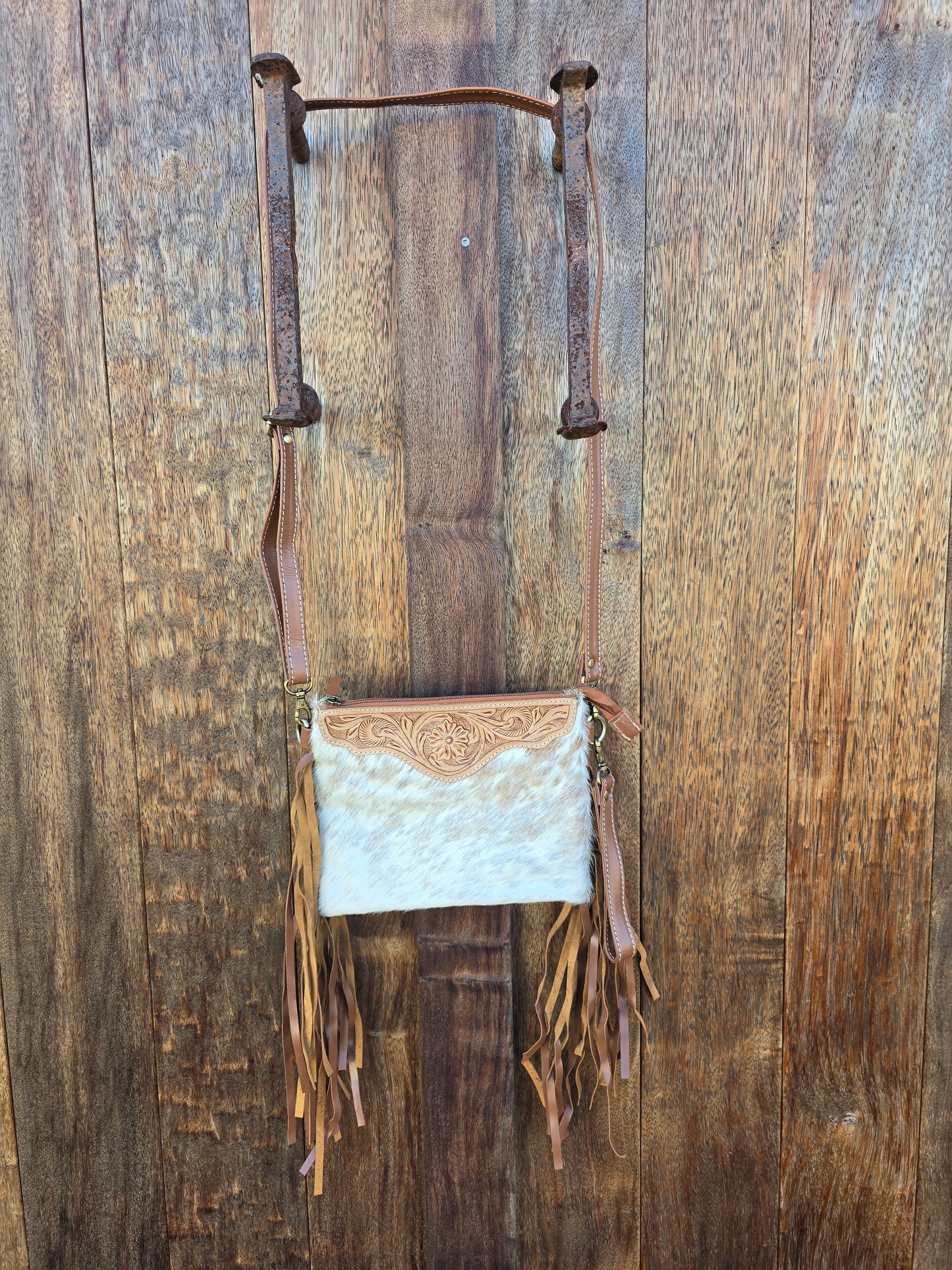 Tooled clutch bag with tassels - Tan #03