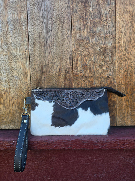 Large tooled hide clutch -Black #09