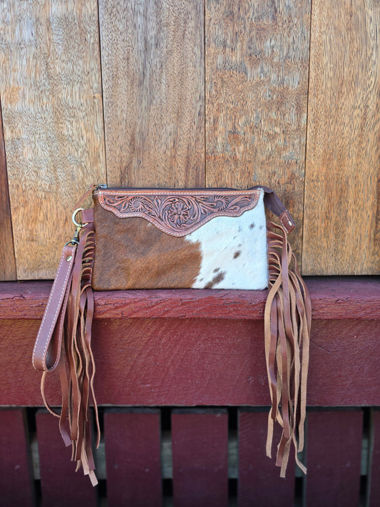 Large tooled hide clutch with tassels-Brown #02