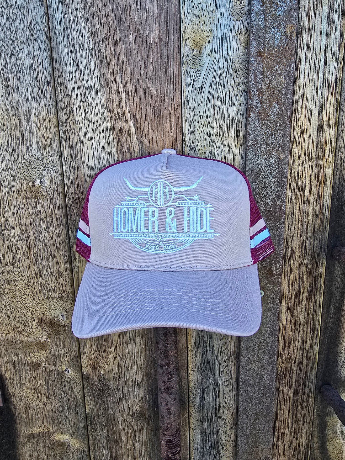 Dusty pink on maroon