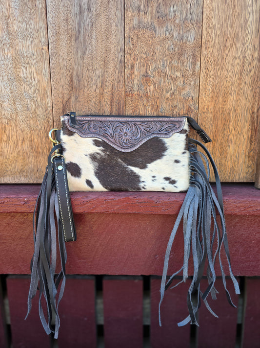 Large tooled hide clutch with tassels-Black #09