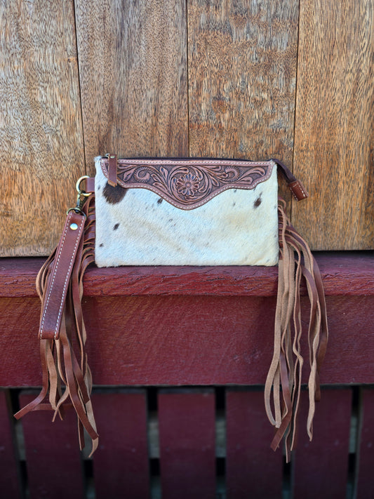 Large tooled hide clutch with tassels-Brown #06