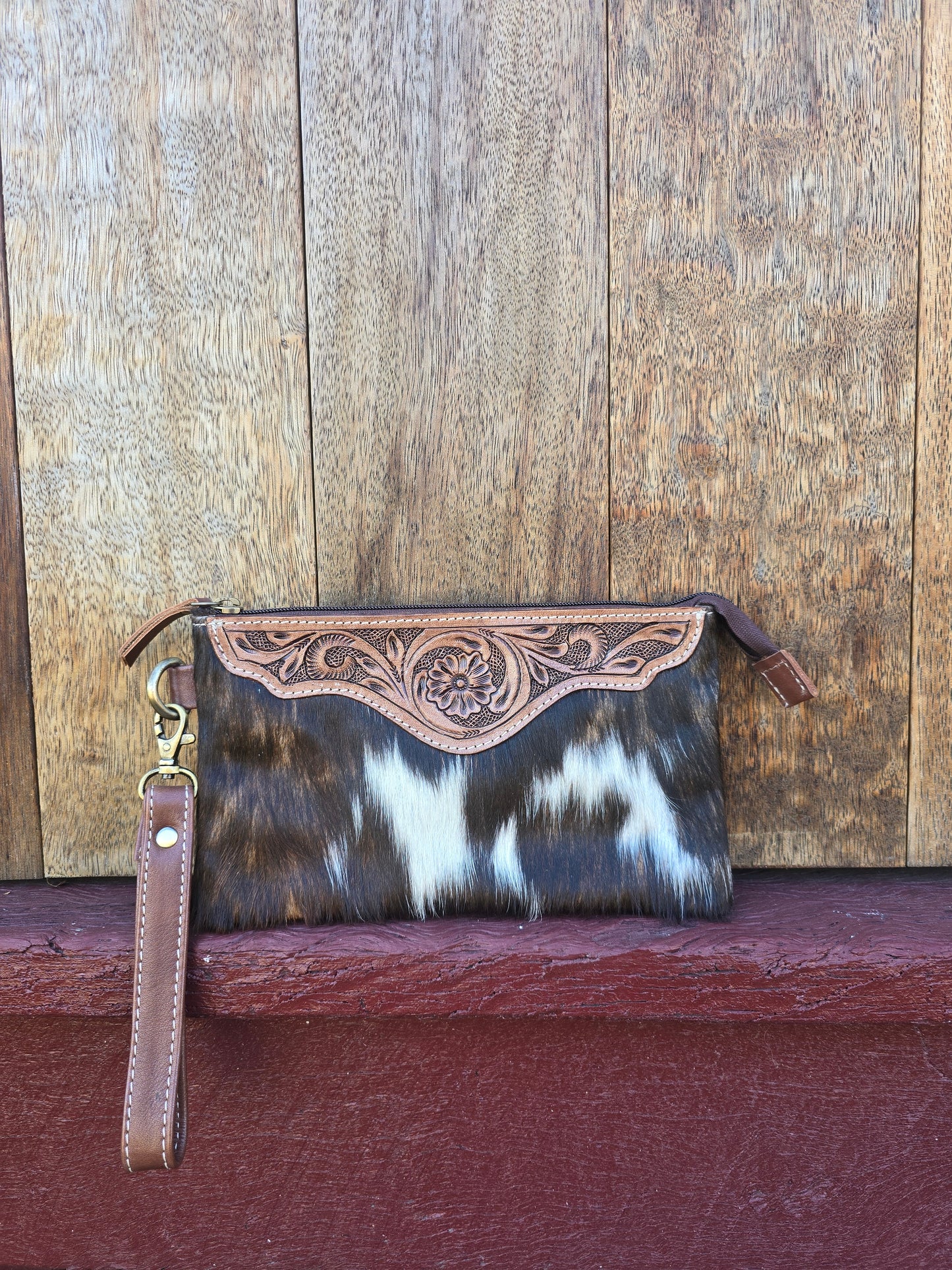 Large tooled hide clutch -Brown #06