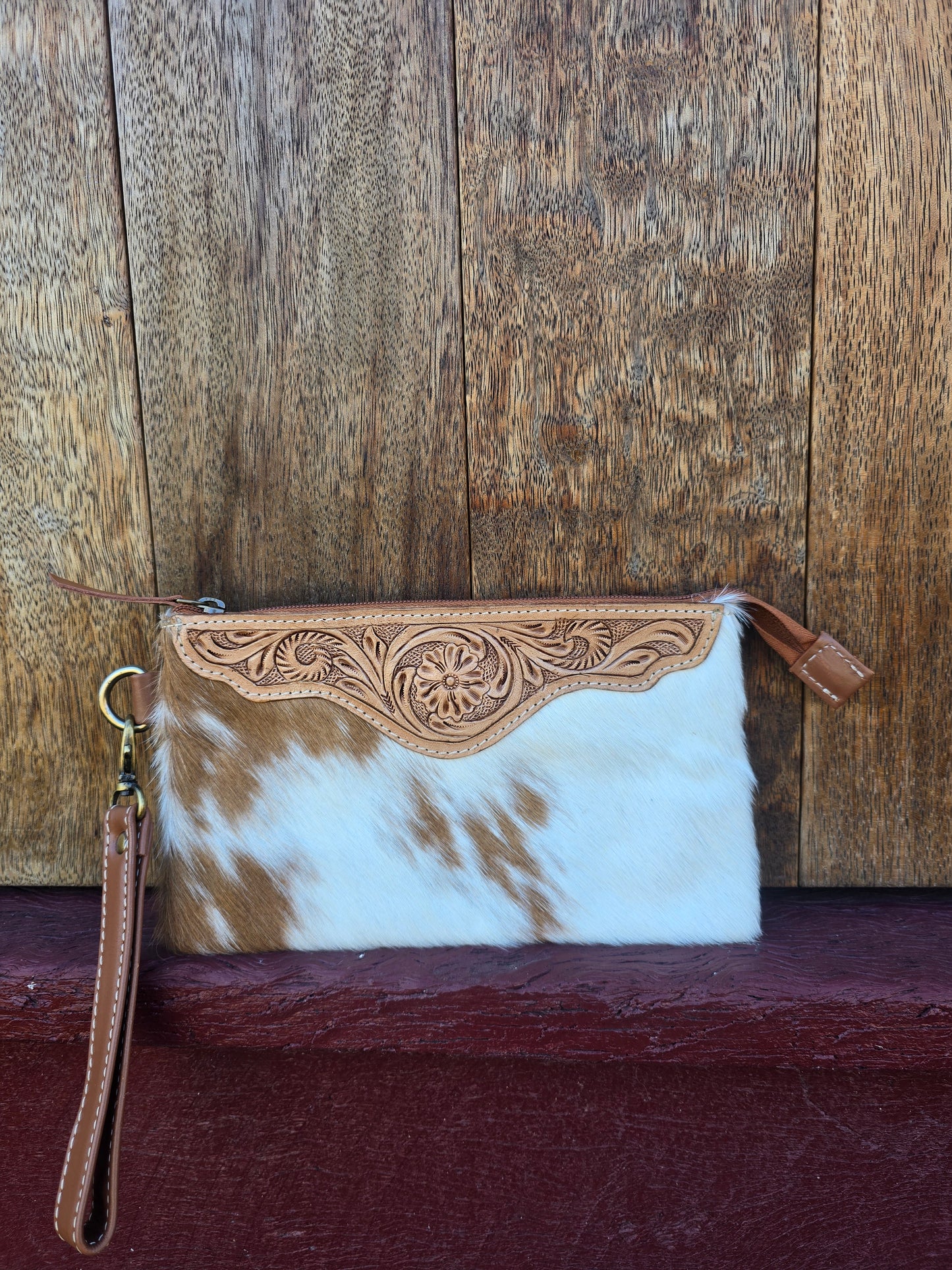 Large tooled hide clutch -Tan #10