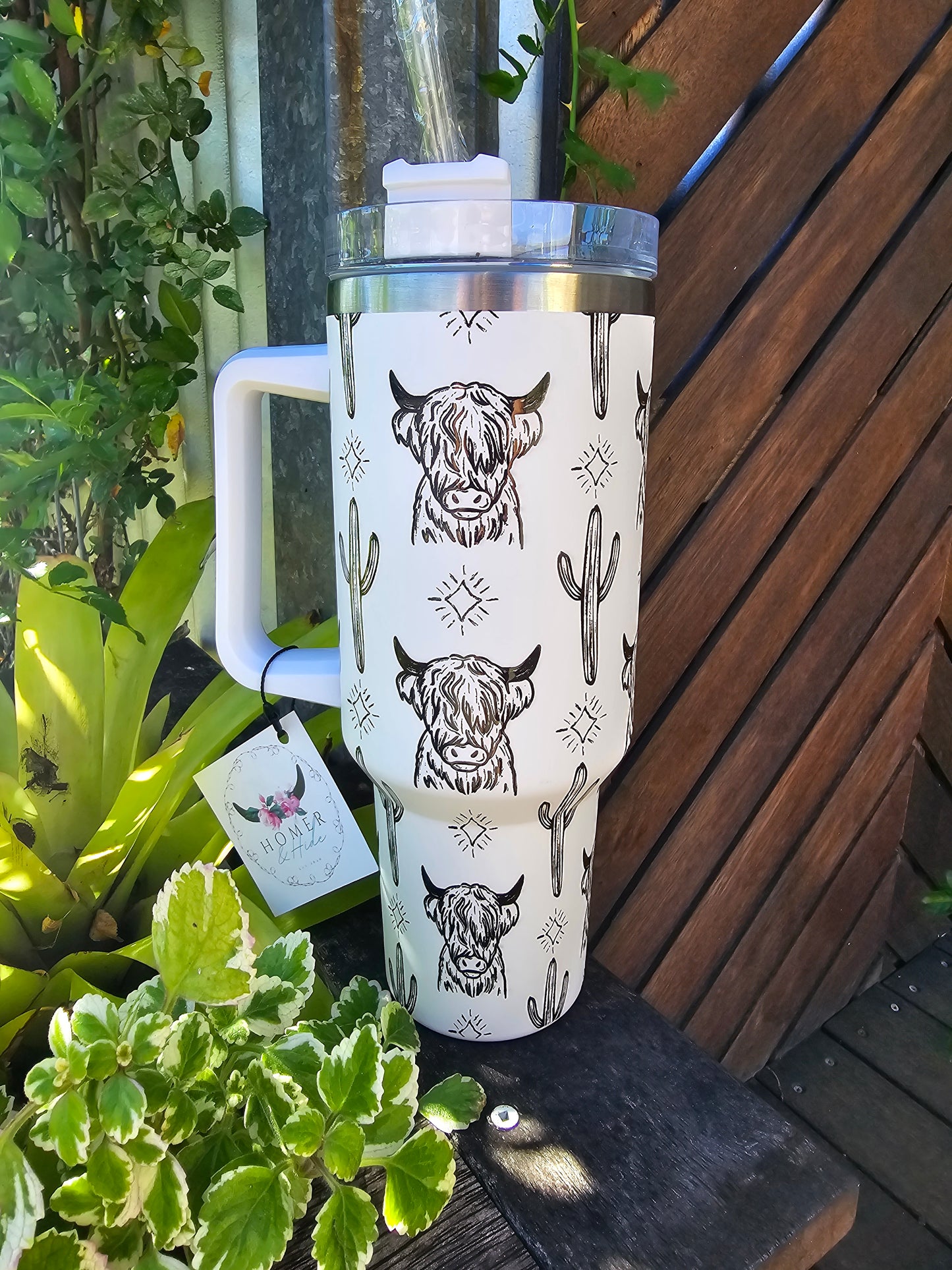 40oz Highland cow cactus star travel mug