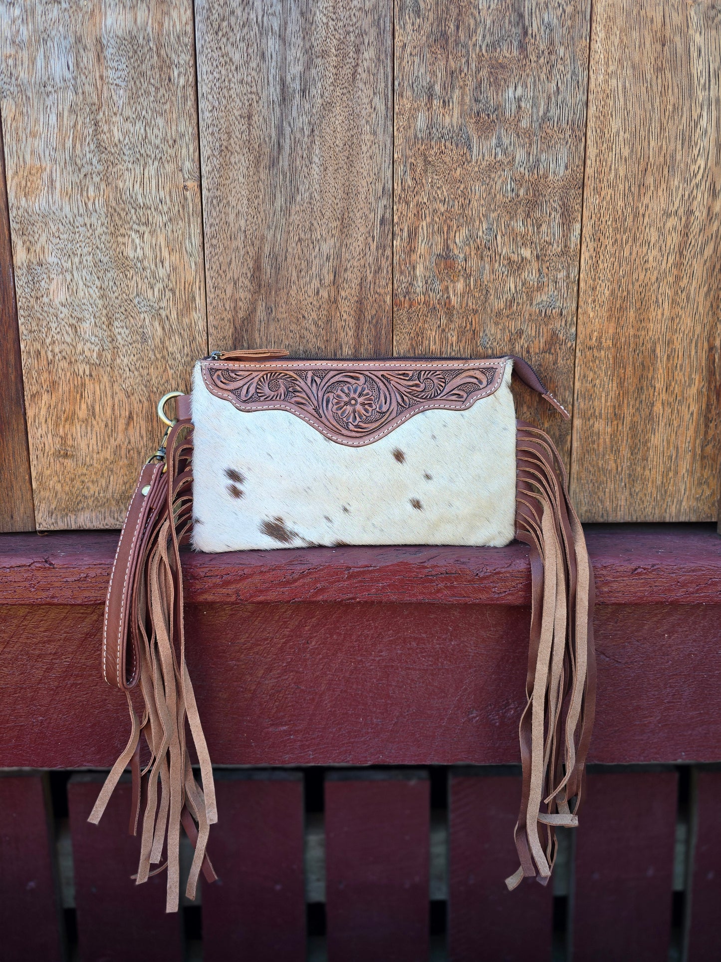 Large tooled hide clutch with tassels-Brown #05